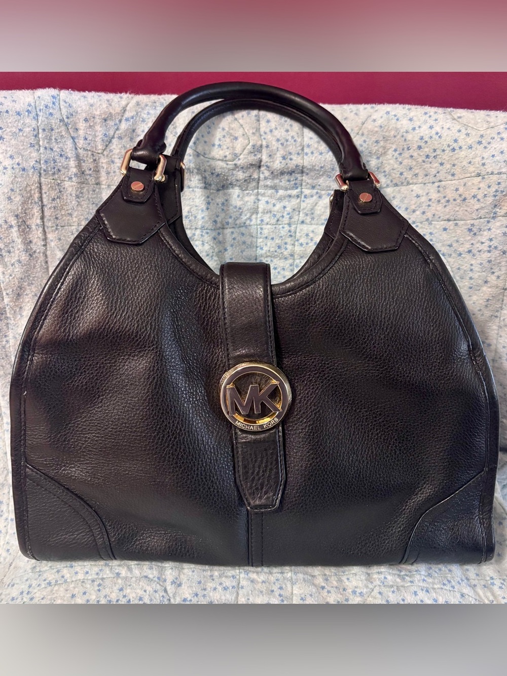 Michael Kors Hudson Leather Shoulder Bag Satchel Black Purse gold hardware